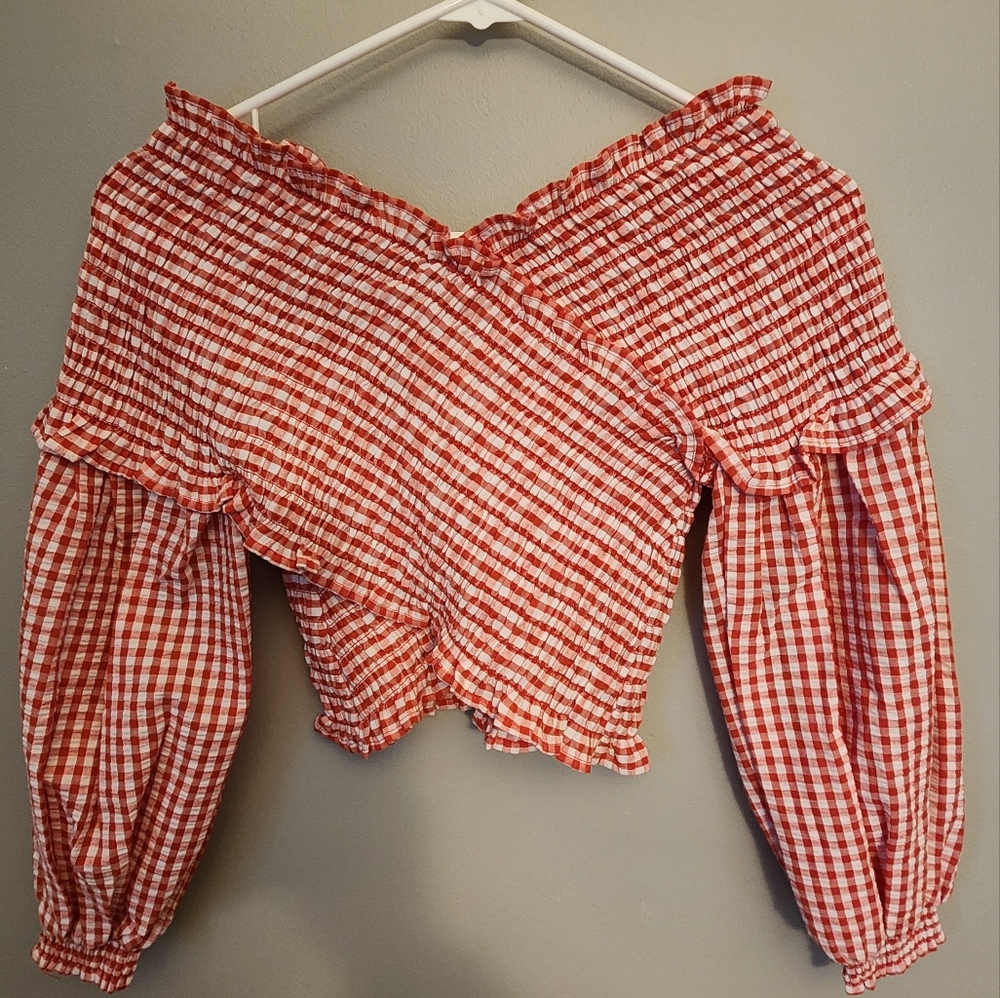Zara Red And White Gingham Stripped Crop Top Shirt Size Small S